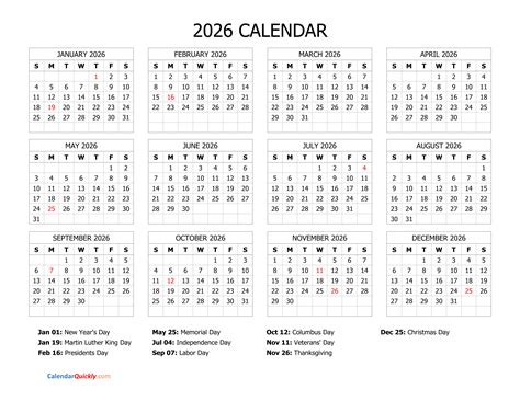 2026 Calendar with Holidays | Calendar Quickly