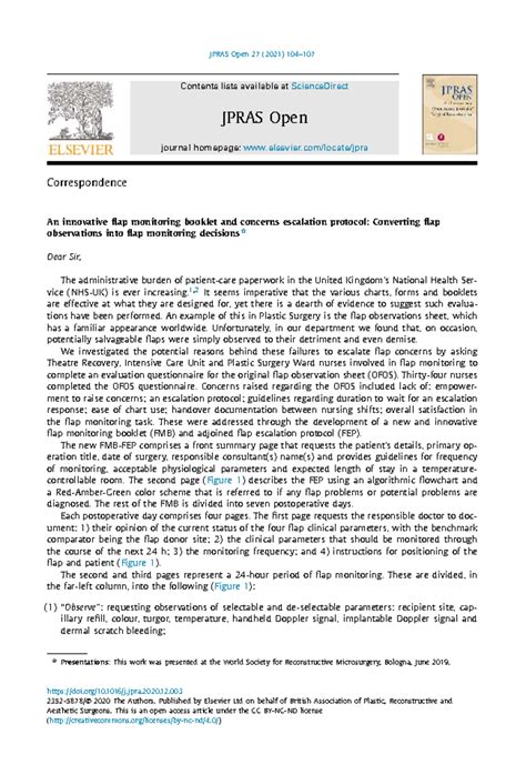 Innovative Flap Monitoring Booklet & Escalation Protocol (JPRAS Open 27 ...