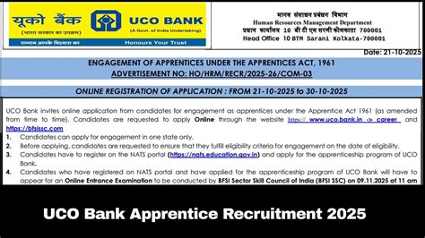 UCO Bank Apprentice Recruitment 2025: Registration Process Ends Soon ...