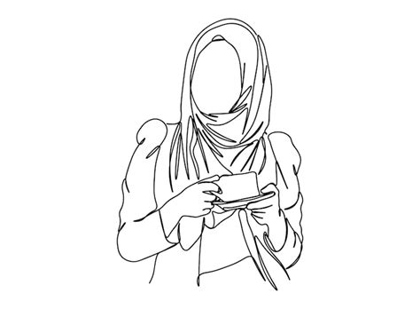 Muslim girl, woman single-line art drawing continues line vector ...