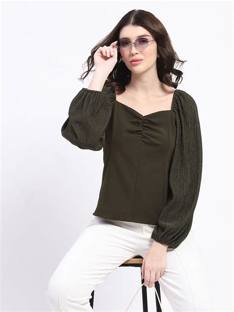 Madame Sweetheart Neck Elasticated Rush Detailed Solid Olive Knit moss
