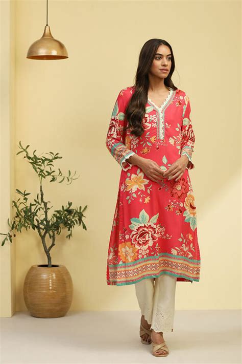 Pink Floral Printed Straight Kurta at Biba India