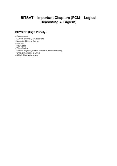 BITSAT Important Chapters: PCM, LR & English Overview - Studocu