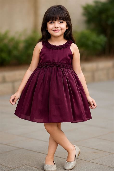 Wine Embellished Satin Party Wear Frock with Floral Appliqué Detailing ...