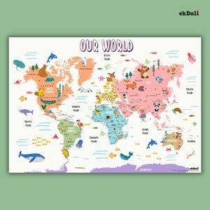 Complete World Map Poster with Capitals, Countries, Landmarks & Animals ...