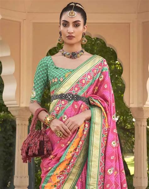 Pink Ikat Mirror work Patola Saree – South India Shopping Mall