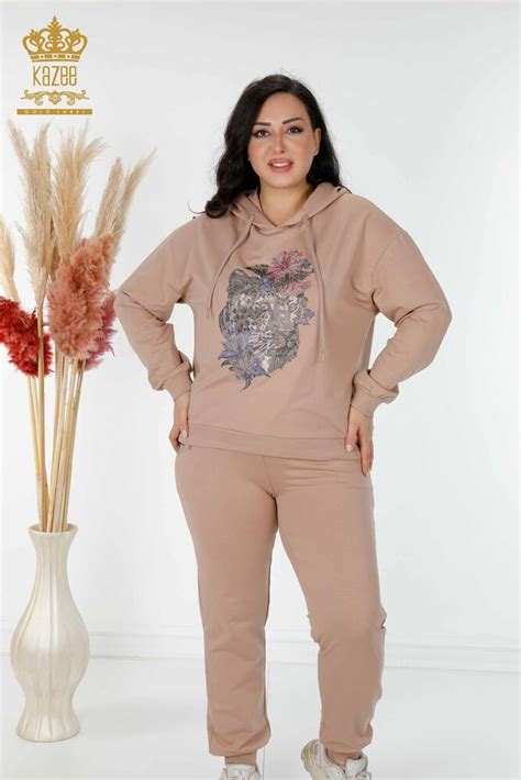 Wholesale Women's Tracksuit Set Stone Embroidered Beige - 17480 | KAZEE