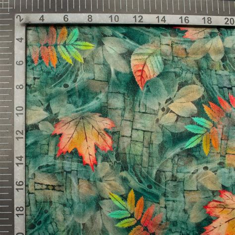 Pine Green And Pink Leaf Pattern Digital Print Viscose Gaji Silk Fabri ...