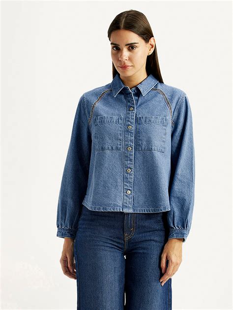 Women's Solid Blue Spread Collar Relaxed Fit Shirt – Levis India Store