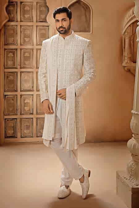 Buy Off White Raw Silk Embroidered Resham Botanic Sherwani Pant Set For ...