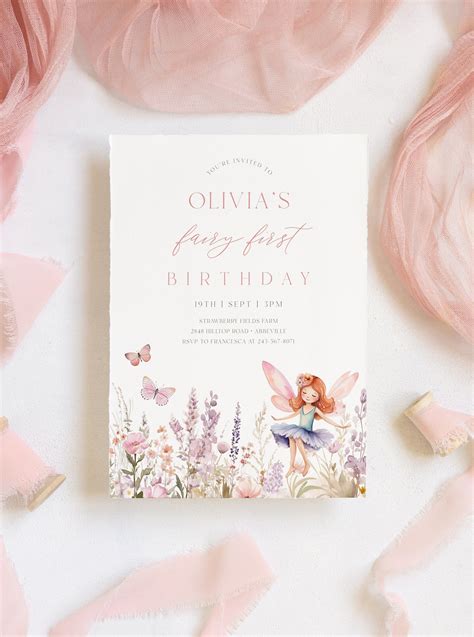 Fairy First Birthday Invitation Template, Printable Wildflower Fairy ...