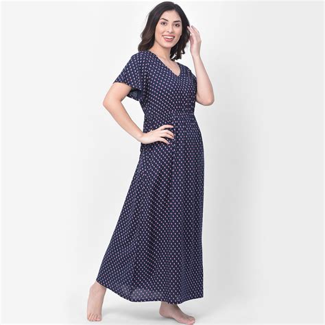 Buy Clovia Print Me Pretty Long Night Dress with Front Zip - Blue (S ...