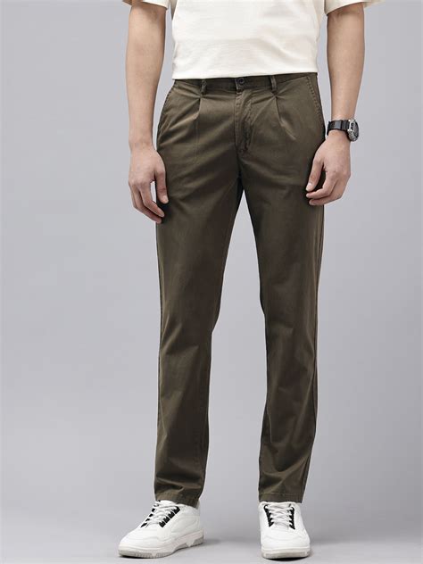 GENIPS Mens Green Solid Cotton Slim Fit Casual 5 Pockets Trouser ...