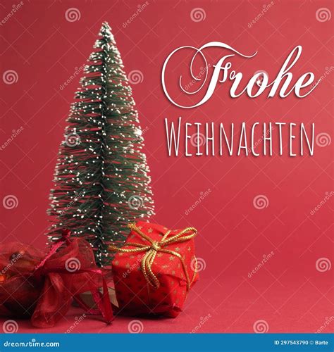 German Merry Christmas Text with Red Christmas Gift Box and Decoration ...