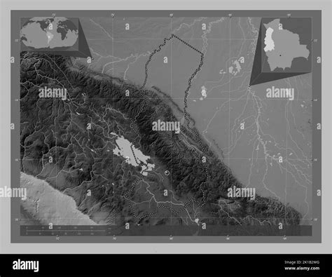 La Paz, department of Bolivia. Grayscale elevation map with lakes and ...