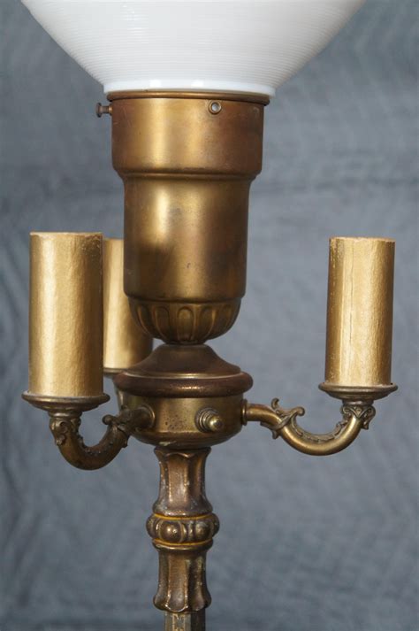 Antique Brass and Marble 3 Arm Candelabra Torchiere Floor Lamp w Shade ...