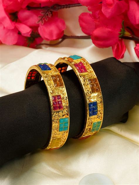 Gold Plated Set of 2 designer Bangles with colored stones 10266A – Griiham