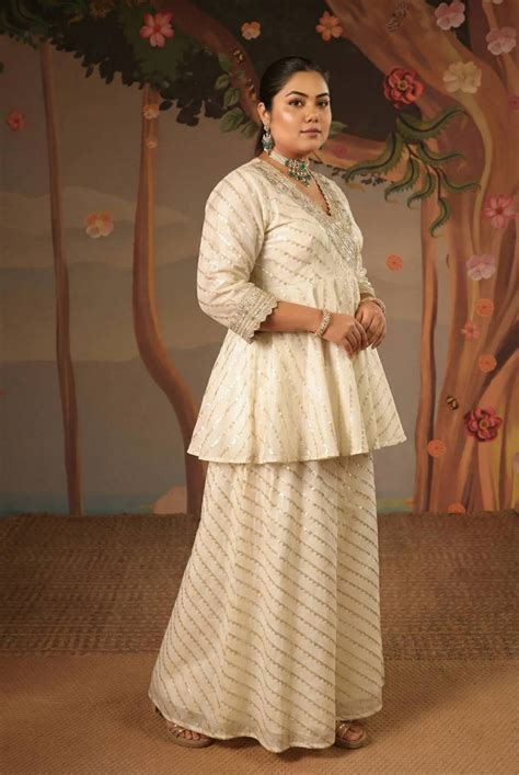 Ivory Gold Embroidered Angrakha with Sharara and Dupatta - Set of 3 ...