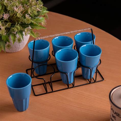 Buy HOMESAKE Contemporary Blue Ceramic Chai Glass with Stand - 120 ml ...
