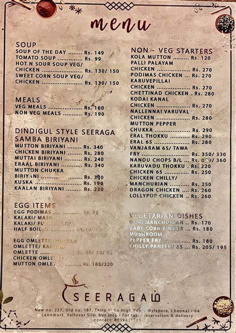 Menu at Seeragam, Chennai