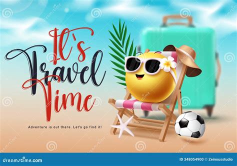 Travel Time Emoji Clipart Design. Travel Time Text with Cute Emoji Character Sitting on Beach ...