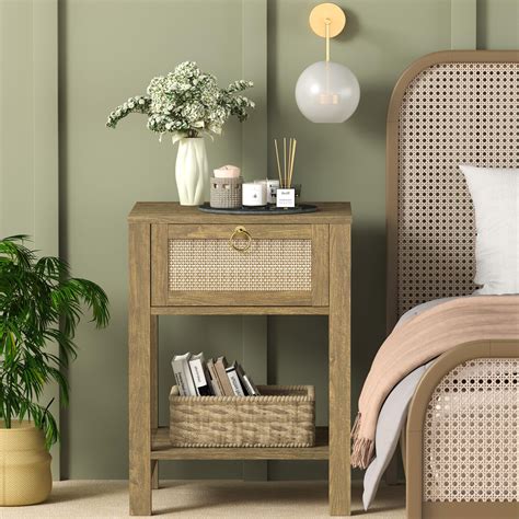 SICOTAS Rattan Nightstand - Rattan Decor Drawer with Brass Knobs Night ...