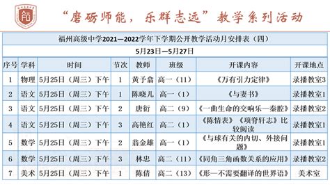 福州高级中学2021—2022学年下学期校级公开教学活动月安排表（四） - 福建省福州高级中学