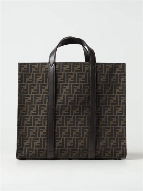 FENDI: shopping bag in fabric with jacquard FF monogram - Tobacco ...