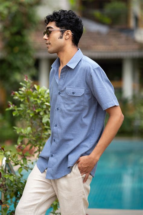 Egyptian Cotton Short Sleeve Shirt for Men Cornflower Blue