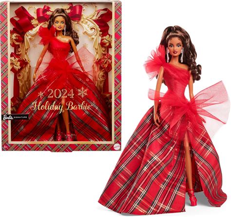 Barbie Signature 2024 Holiday Doll with Light Brown Hair in Plaid Gown ...