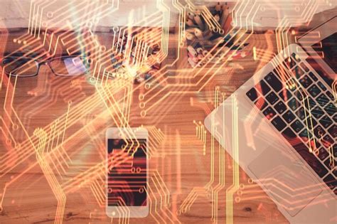 Multi exposure of technology theme drawing over table with phone top ...