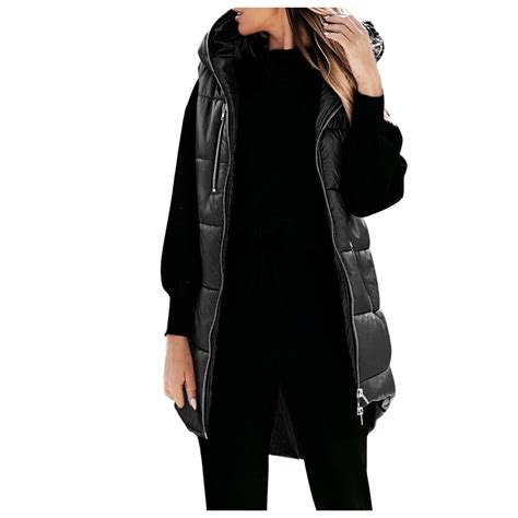 jsaierl Women's Hooded Long Down Vest Full-Zip Sleeveless Puffer Vest ...