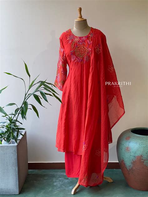 Red Pure mul chanderi salwar set -SMUL8 -SIZE42– Prakrithi By Ramya