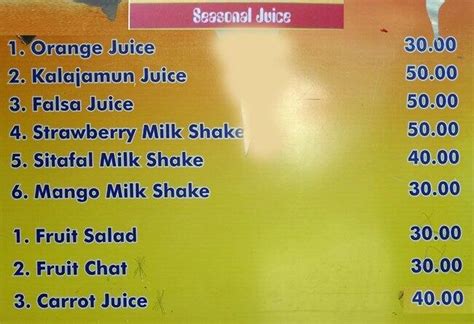 Menu at Sri Lakshmi Fruit Juice, Hyderabad, Opposite Yes Bank ATM