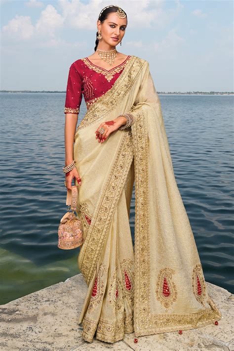Buy Cream Heavy Work Banarasi Crepe Saree zb133462 | Saree Buta