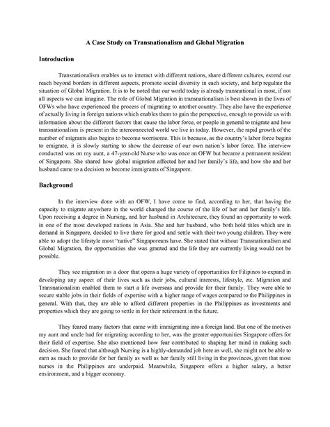 SOLUTION: A case study on transnationalism and global migration - Studypool