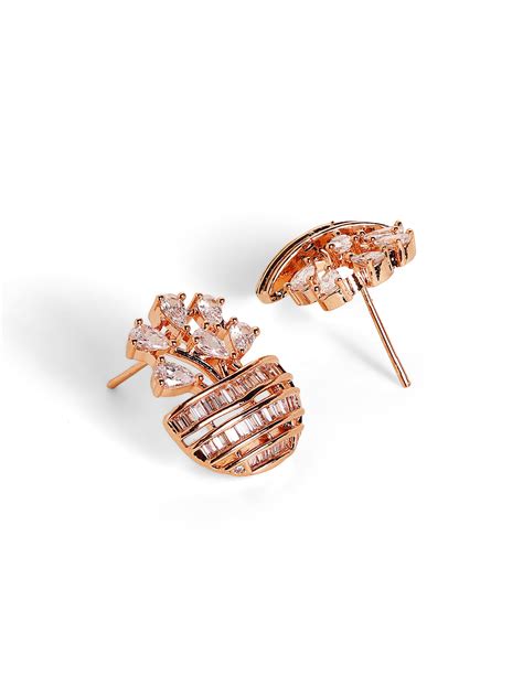 Floral Style Rose Gold Plated American Diamond Stud Pattern Earrings ...