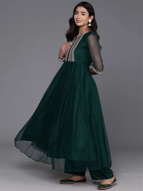 Buy Green Yoke Design Shantoon A-Line Kurta With Palazzos & Dupatta ...