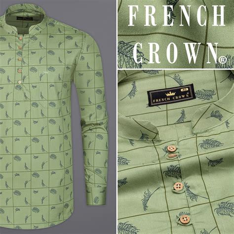 Olivine Green Prints Premium Cotton Indian Kurta Style Shirt For Men ...