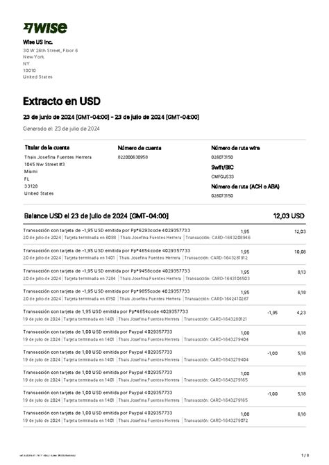 Balance statement - Wise US Inc. 30 W 26th Street, Floor 6 New York NY ...