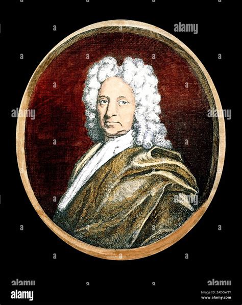 Edmund Halley. Coloured historical engraving of the English astronomer ...