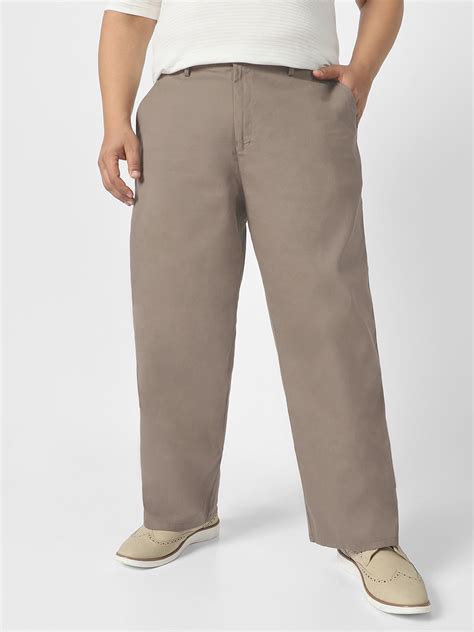 Plus Men's Grey Loose Baggy Fit Solid Chino Trousers Non-Stretchable ...