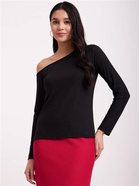 Buy Black One-Shoulder Rib Knit Top Online | FableStreet