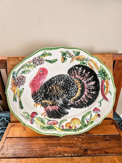 Vintage Large Embossed Ceramic Turkey Platter Hand Painted Made in ...