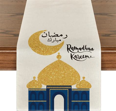 Ramadan Linen Table Runner Holiday Party Decoration Moon and Star ...