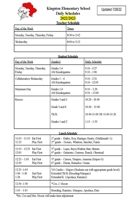 BELL SCHEDULE | Kingston Elementary School
