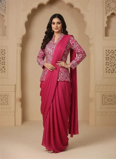 Loom Luxuries Pink Colour Embroidery Work Ready To Wear Saree With ...