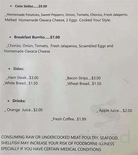 Cielo Mexican Grill menu in Schaumburg, Illinois, USA