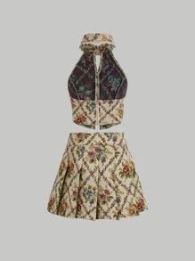 SHEIN MOD Top ras-du-cou fleuri en jacquard dos-nu & Jupe plissée ...