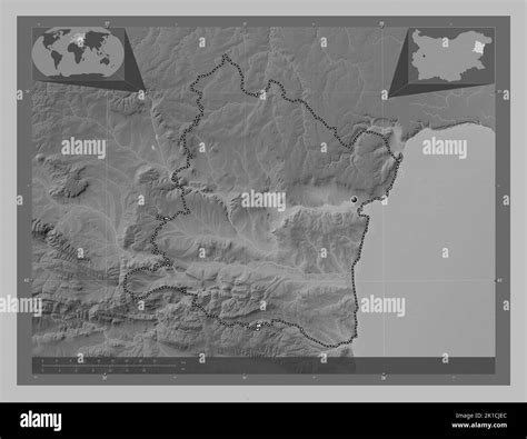 Varna, province of Bulgaria. Grayscale elevation map with lakes and rivers. Corner auxiliary ...